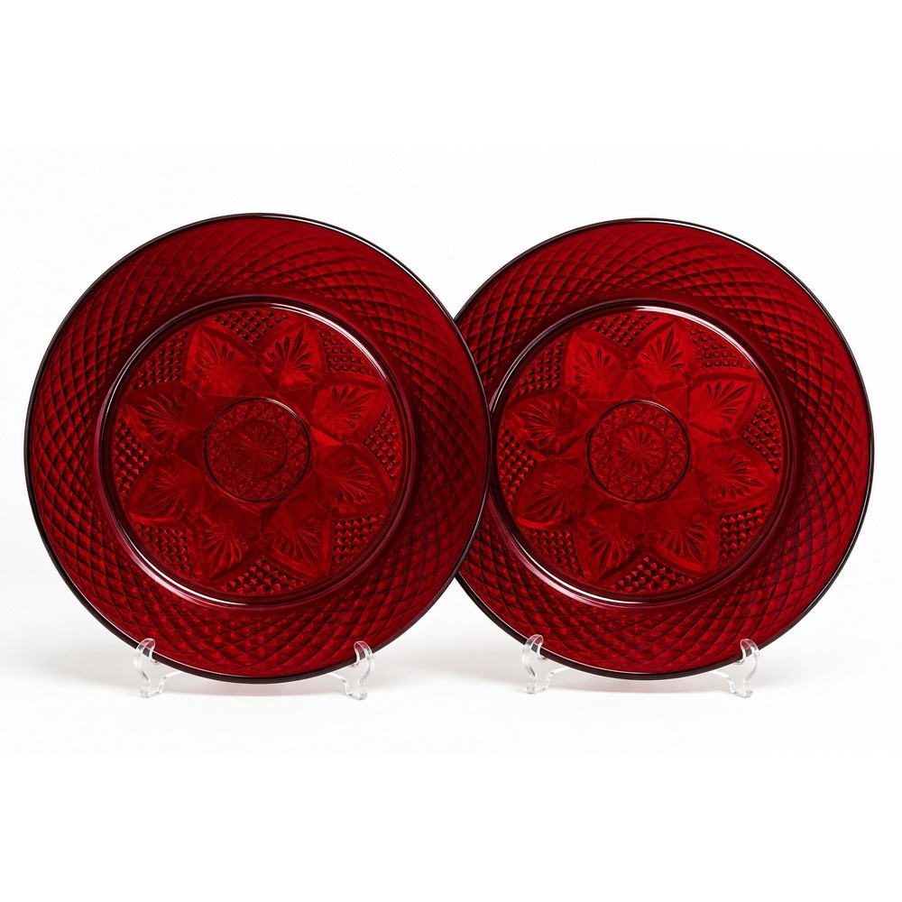 Cristal D'Arques-Durand Set of 2 Ruby Red Glass Plate Diamond & Star Pattern OS